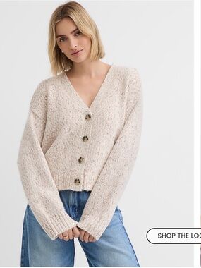 NWT LOFT Marled Cream Chunky Knit V-Neck Button Cardigan